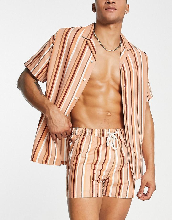 South Beach Beach Shirt In Brown And Cream Stripes