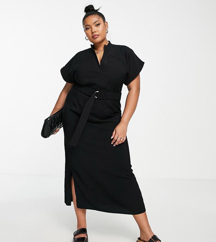 Asos Design Curve Utility Pencil Midi Dress With D-ring Belt In Black