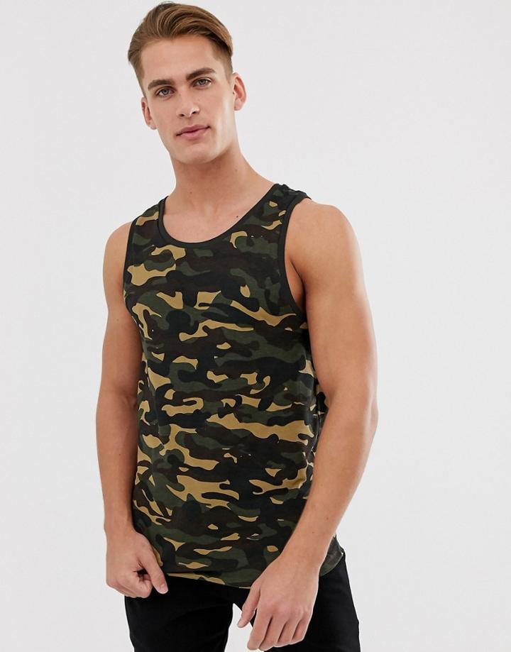 Bershka Tank With Camo Print In Green
