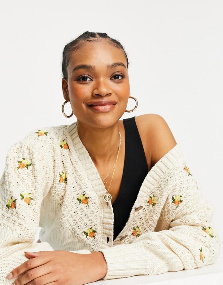 Y.a.s Knitted Cardigan With Floral Embroidery In Cream-white
