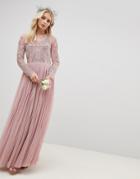 Asos Design Bridesmaid Embroidered Mesh Long Sleeve Maxi Dress - Multi