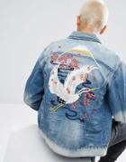 Illegal Club Denim Jacket In Blue Midwash With Embroidery - Blue