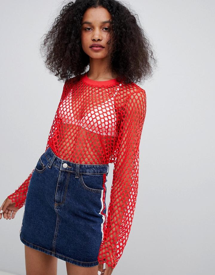 Monki Fishnet Top - Red