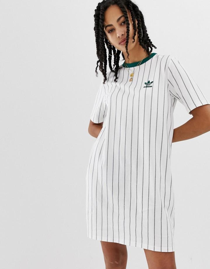 Adidas Originals Tea Dress In White And Green Stripe - Green