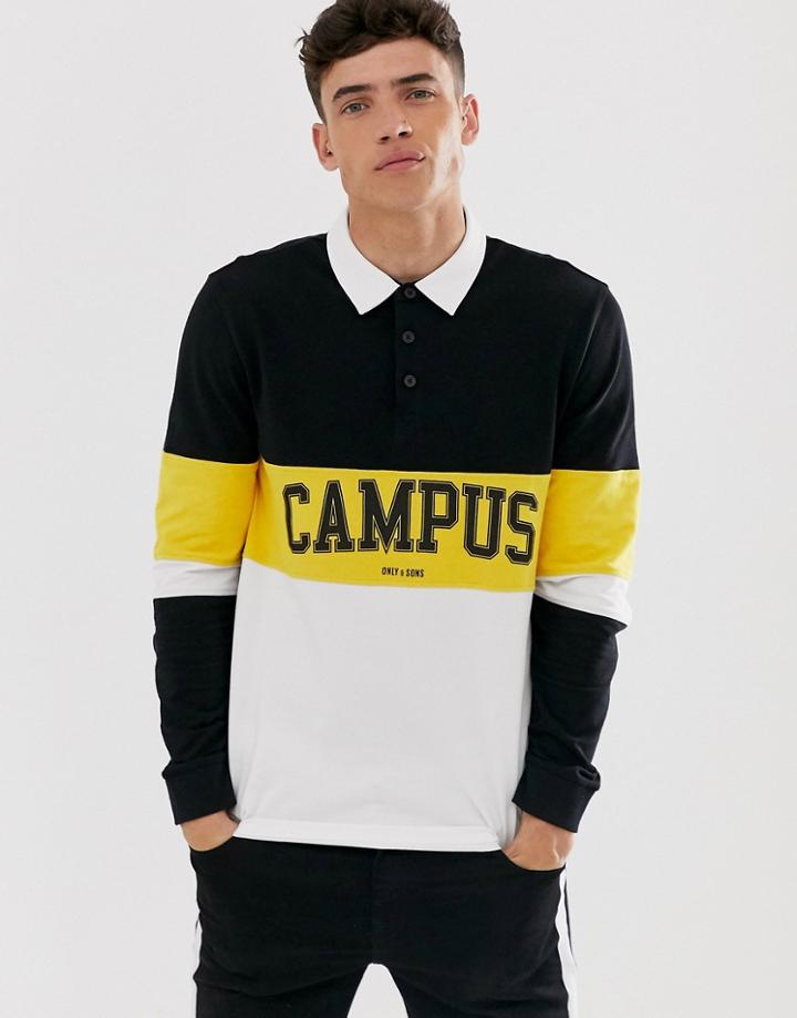 Only & Sons Pique Rugby Polo With Campus Print - Black
