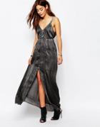 Religion Strappy Maxi Dress With V Neck Satin Feel And Lace Detail - Black