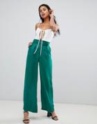 Bershka Wide Leg Pants With Dring Tie In Green - Green