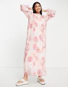 Vila Plisse Maxi Dress With Long Sleeves In Pink Floral Print