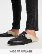 Asos Design Backless Mule Loafers In Black Faux Leather With Faux Fur