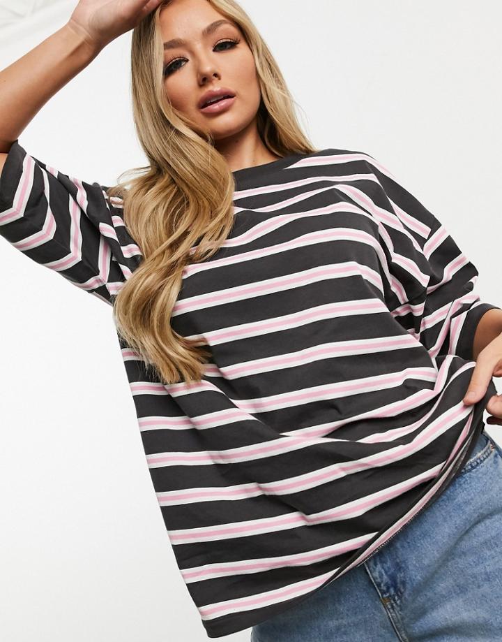 Asos Design Super Oversized T-shirt In Collegiate Stripe In Charcoal-multi