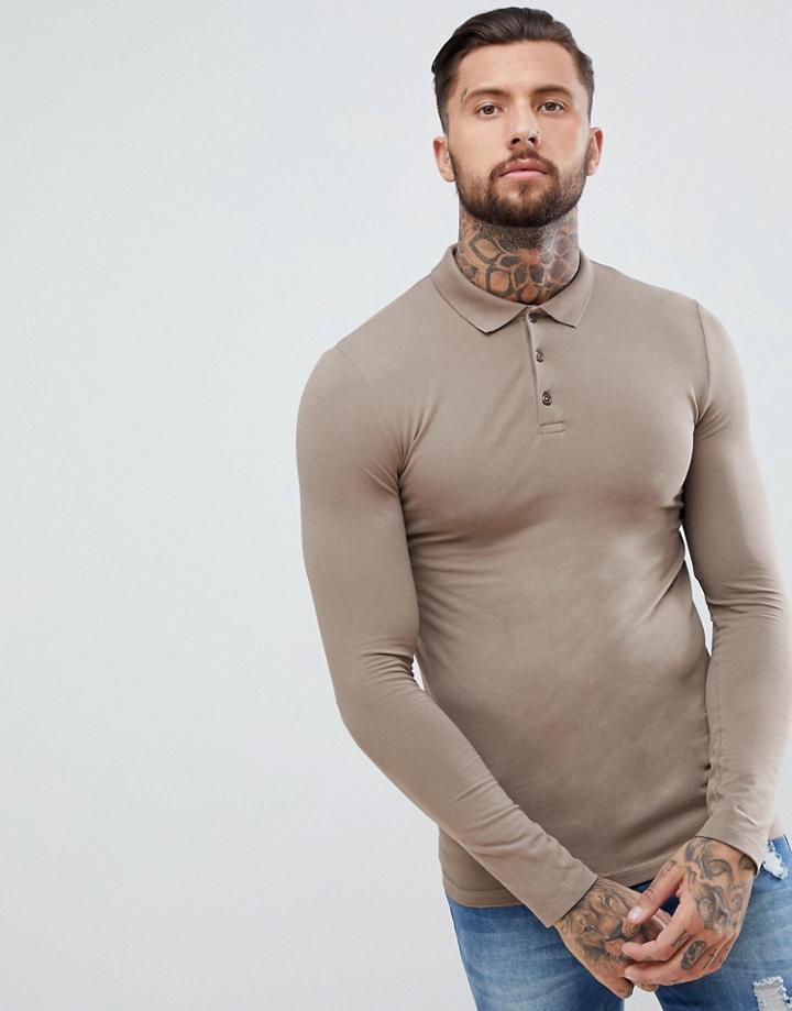 Asos Design Muscle Fit Long Sleeve Jersey Polo In Beige - Beige