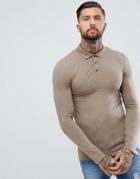 Asos Design Muscle Fit Long Sleeve Jersey Polo In Beige - Beige