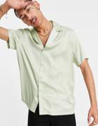 Asos Design Satin Shirt With Deep Camp Collar In Mint-green