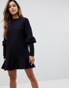 Asos Design Pep Hem Sweat Dress With Frill Sleeve - Black