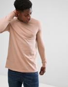 Asos Longline Long Sleeve T-shirt With Crew Neck In Beige - Beige