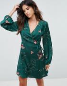 Liquorish Floral Print Wrap Dress With Long Sleeves - Green