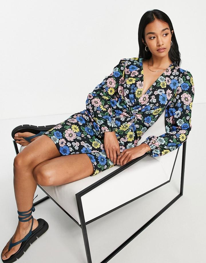 River Island Twist Front Floral Mini Dress In Black