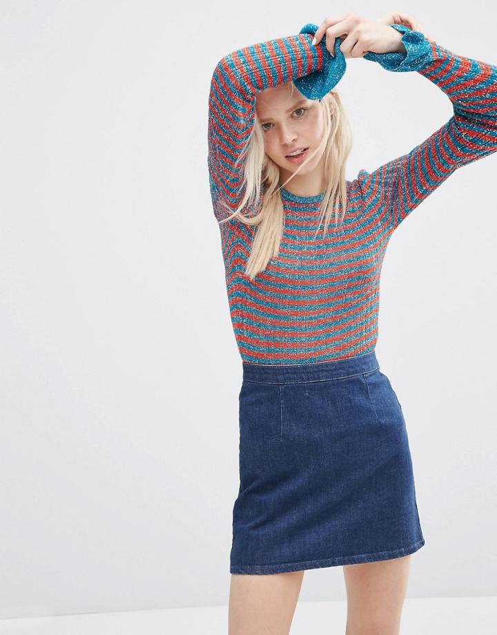 Asos Jumper In Metallic Stripe With Ruffle Sleeve Detail - Multi