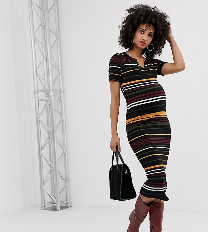 Asos Design Maternity Stripe Rib Midi Bodycon Dress With V Neck - Multi