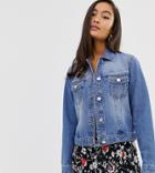 Miss Selfridge Crop Denim Jacket In Mid Wash-blue