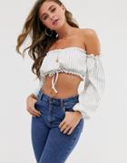 Asos Design Bardot Top With Blouson Sleeve In Clean - White