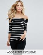 Asos Petite Stripe Top With Bardot Neck And 3/4 Sleeves - Multi