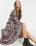 Liquorish A-line Midi Dress In Pink Leopard Print