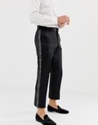 Asos Design Slim Crop Smart Pants In Black Satin With Sequin Side Stripe