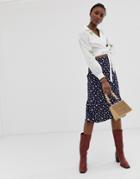 Glamorous Bias Cut Midi Skirt In Ditsy Vintage Floral Print Satin-navy