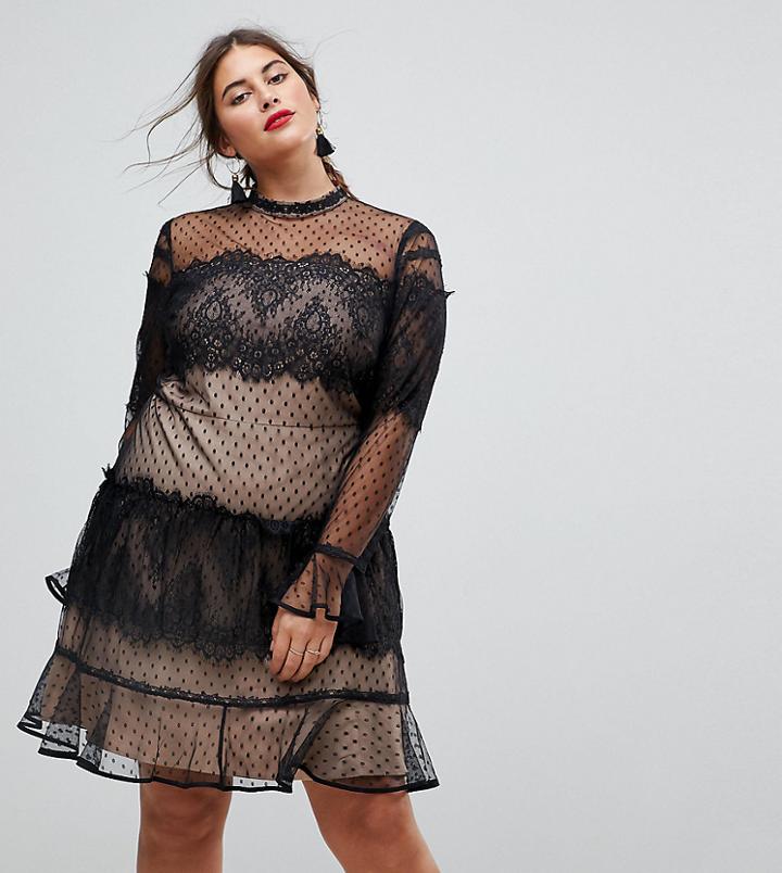 Asos Curve Lace Dobby Patchwork Long Sleeve Mini Dress - Black