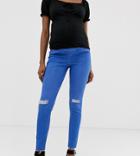 New Look Maternity Over Bump Ripped Jeans In Blue - Blue
