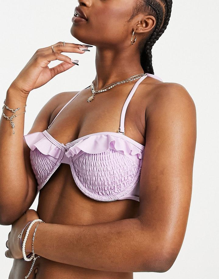 River Island Floral Shirred Balconette Bikini Top In Pink