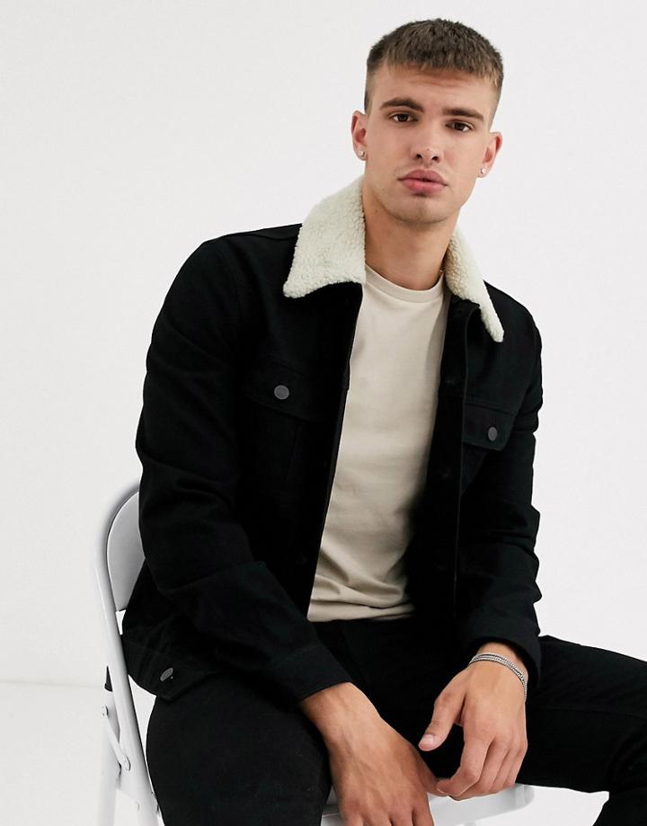 Asos Design Denim Jacket With Detachable Fleece Collar In Black