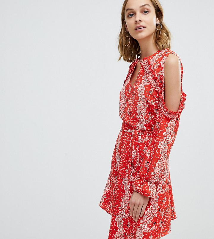 River Island Ruffle Cold Shoulder Detail Floral Print Dress - Red