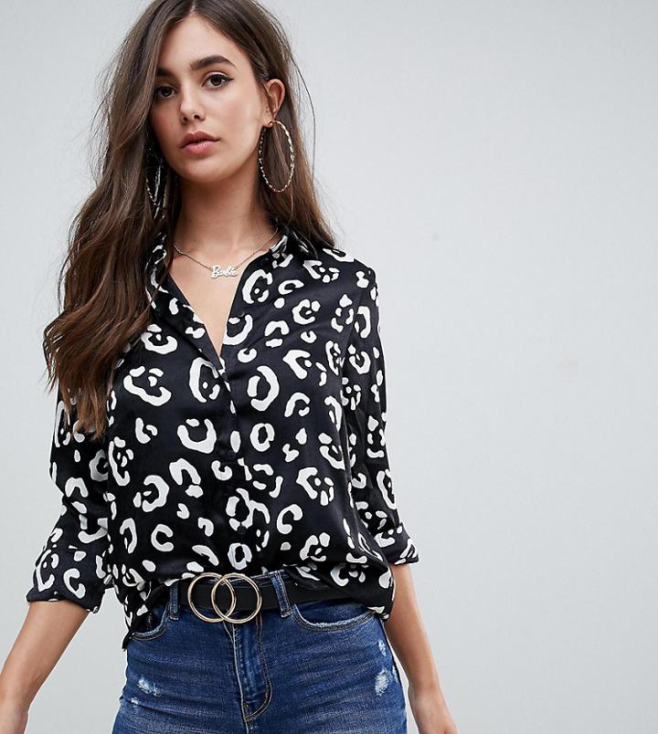 Asos Design Tall Satin Shirt In Mono Leopard Print - Multi