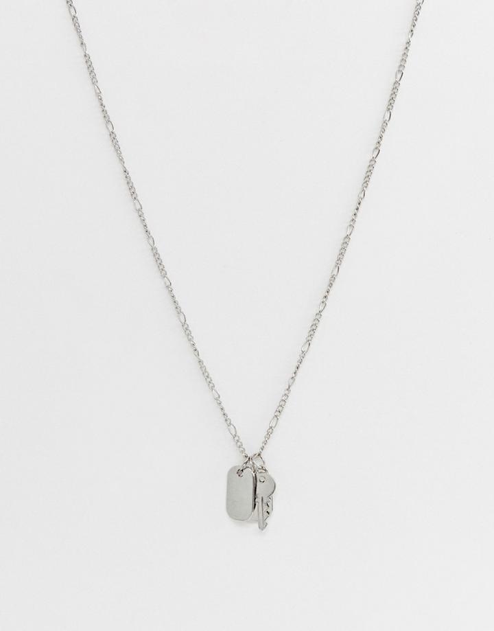 Asos Design Necklace In Silver Tone With Dog Tag And Key Charms - Silver