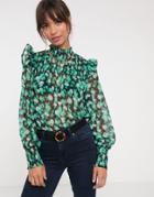 Asos Design Shirred High Neck Top In Blurred Floral Print