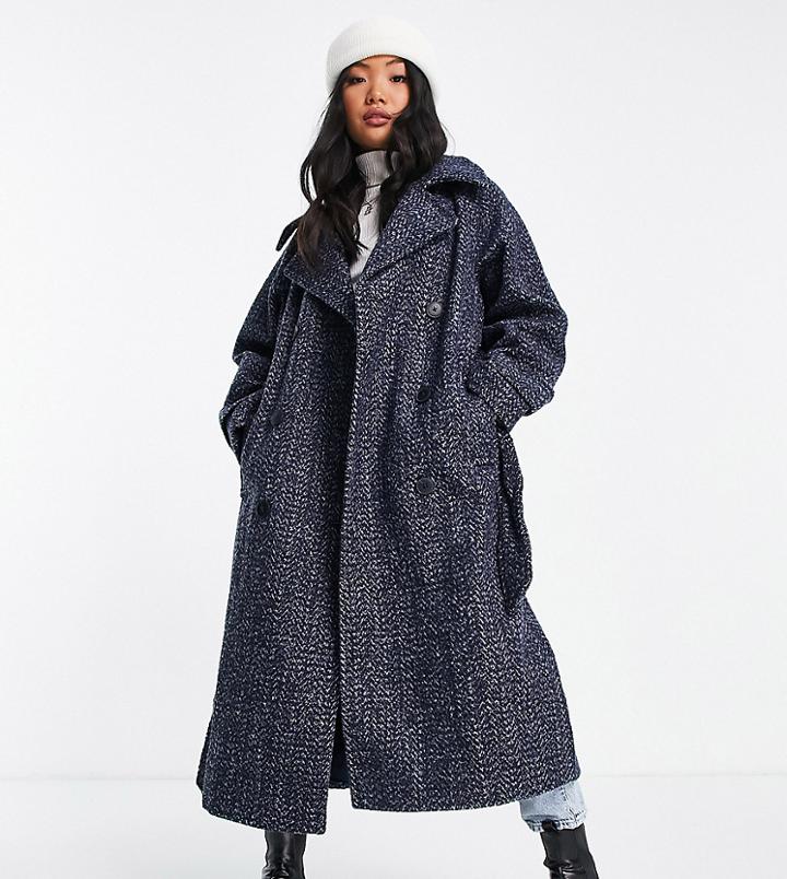 Asos Design Petite Hero Double Breasted Coat In Navy Herringbone