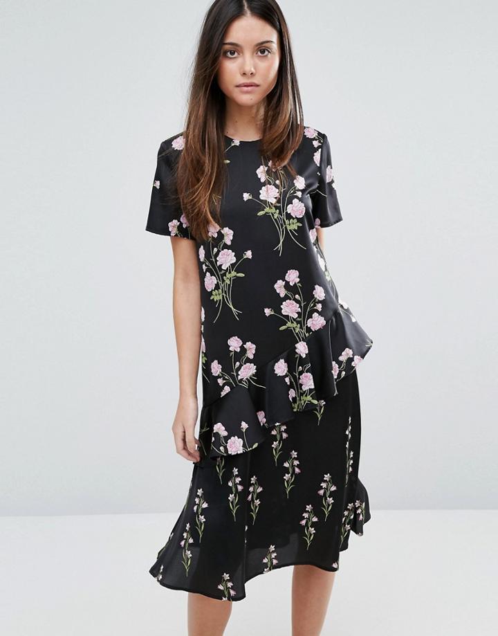 Warehouse Floral Printed Ruffle Midi Dress - Black