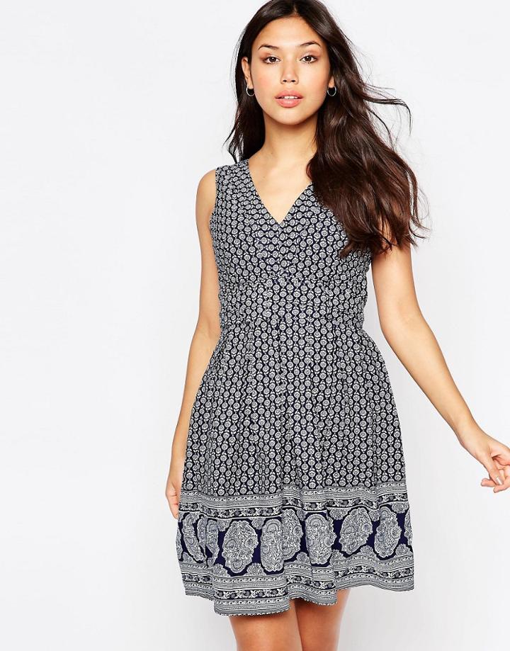 Yumi Tie Dress In Border Print - Navy