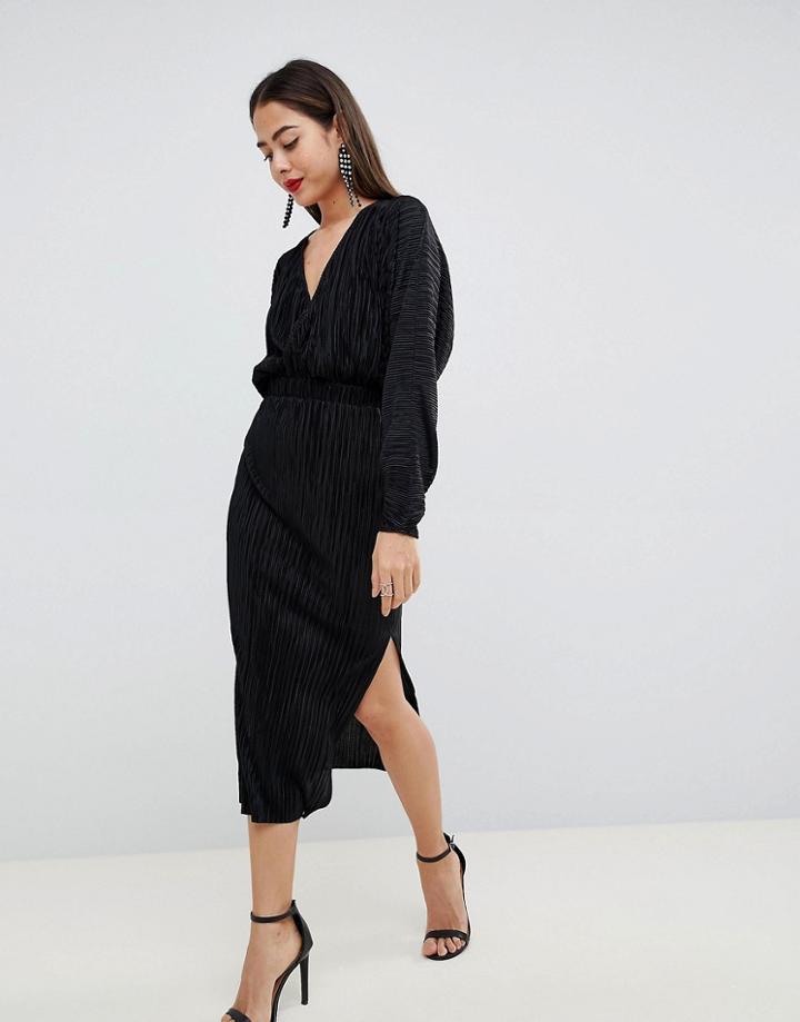 Asos Design Batwing Midi Plisse Dress - Black