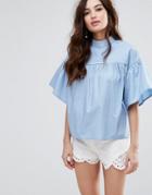 Fashion Union High Neck Top With Wide Sleeves - Blue
