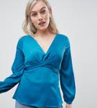 River Island Petite Blouse With Wrap Detail In Teal - Blue