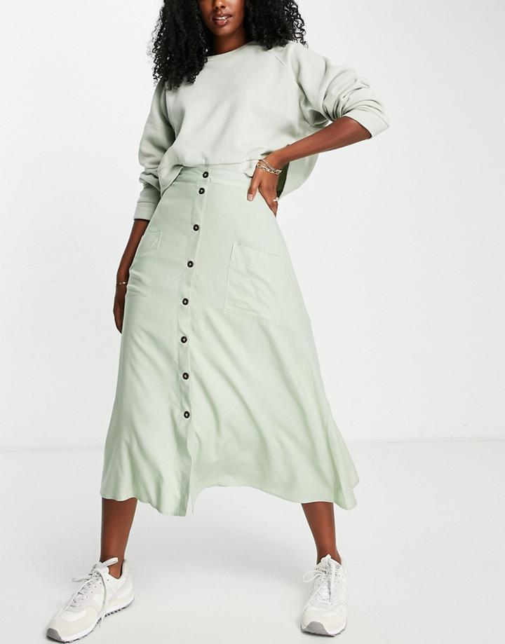 Asos Design Button Through Pocket Midi Skirt With In Sage Green