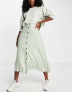 Asos Design Button Through Pocket Midi Skirt With In Sage Green
