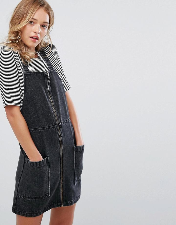 Monki Acid Wash Denim Overall Dress - Black