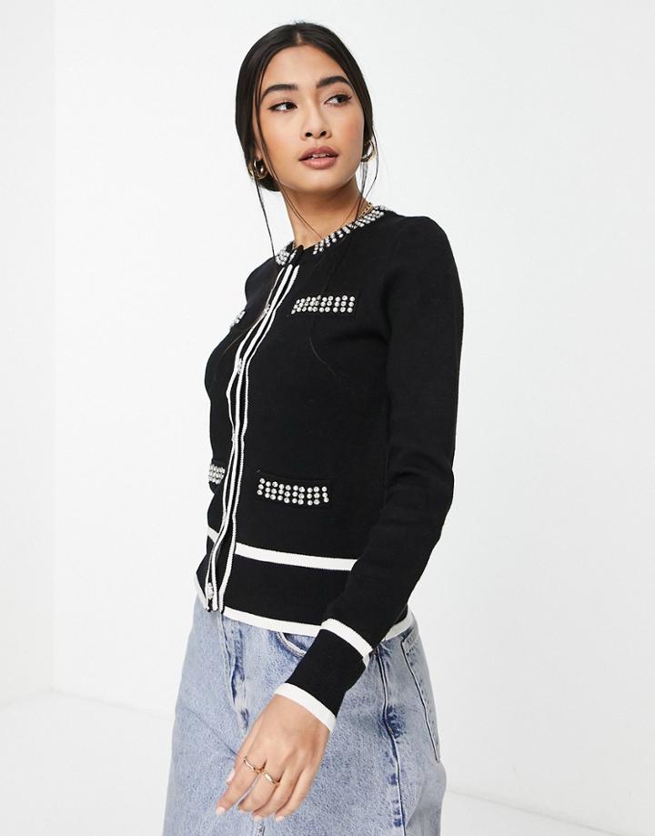 River Island Embellished Trim Cardigan In Black