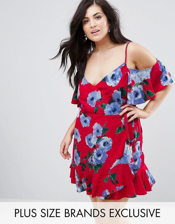 John Zack Plus Wrap Front Cold Shoulder Tea Dress In Large Floral Print - Red