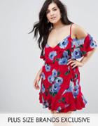 John Zack Plus Wrap Front Cold Shoulder Tea Dress In Large Floral Print - Red