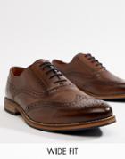 Asos Design Wide Fit Brogue Shoes In Brown Leather With Natural Sole And Navy Details